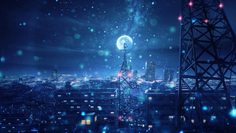 Blue Night Big Moon Anime Scenery