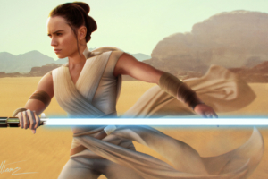 rey star wars with sword digital art 1569187412