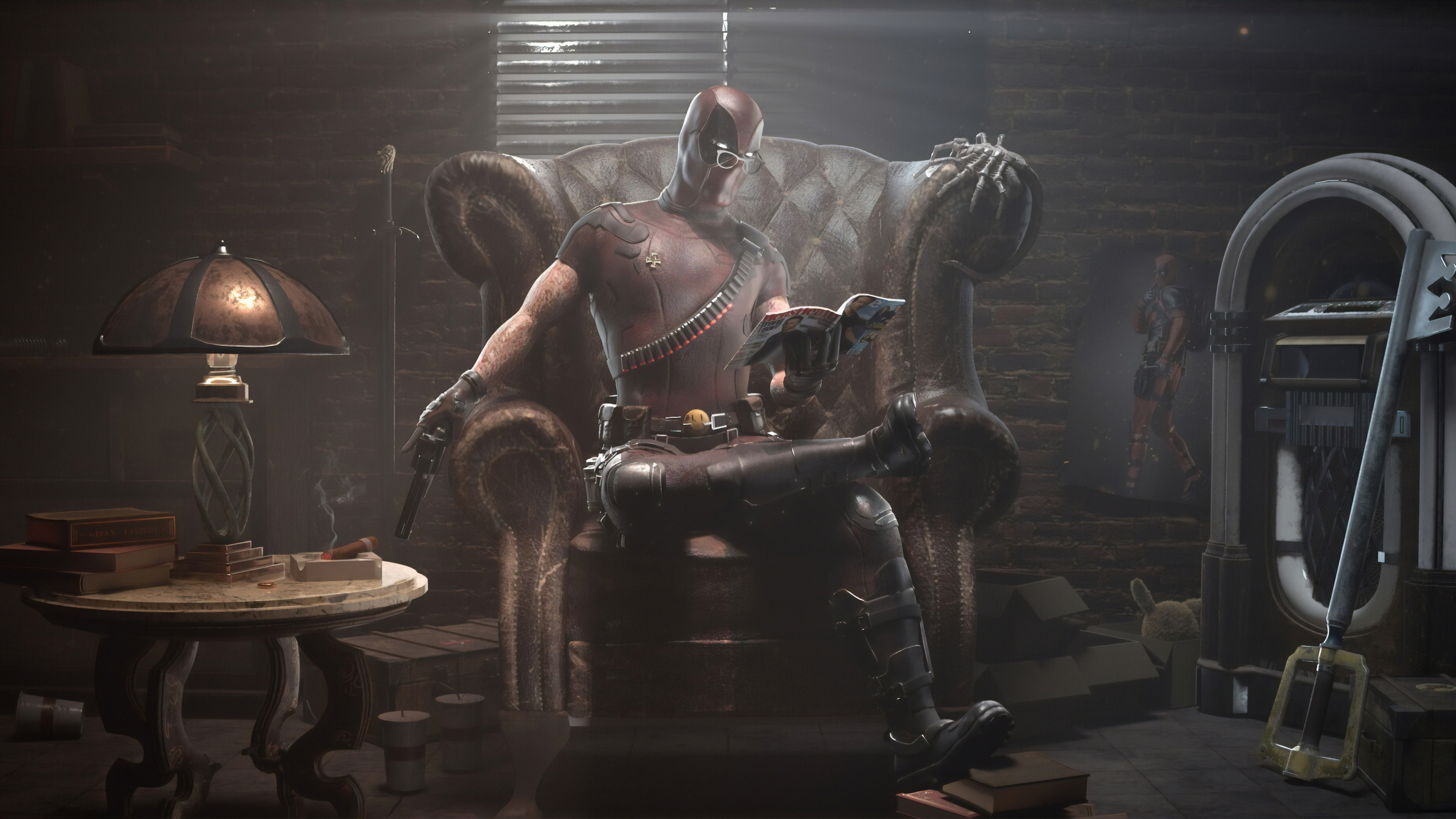 deadpool reading book and guns 1570918472