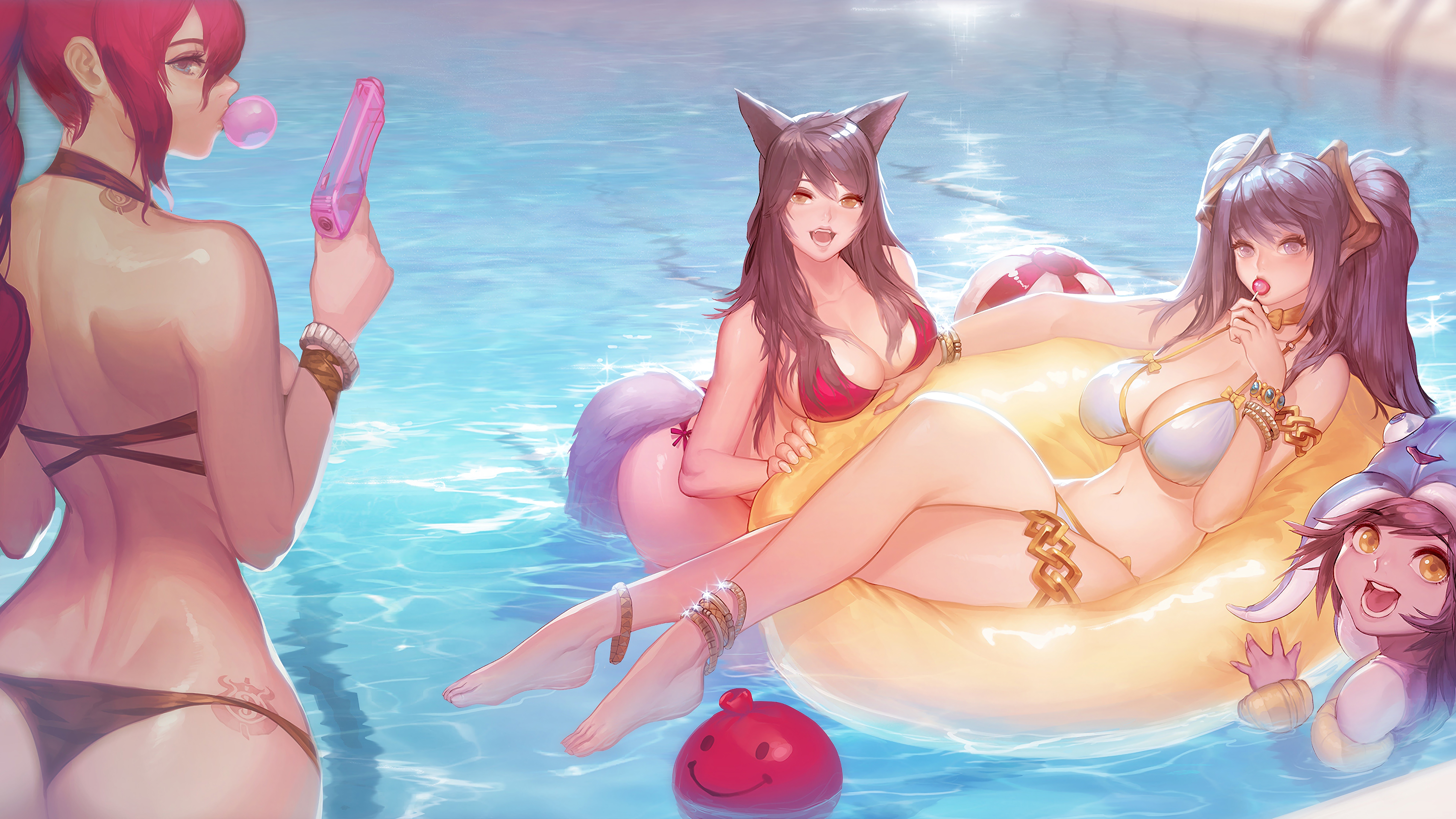 miss fortune sona ahri lulu girls lol pool party league of legends 8k wallpaper