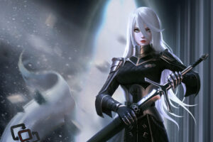 white hair black dress warrior 1575661745