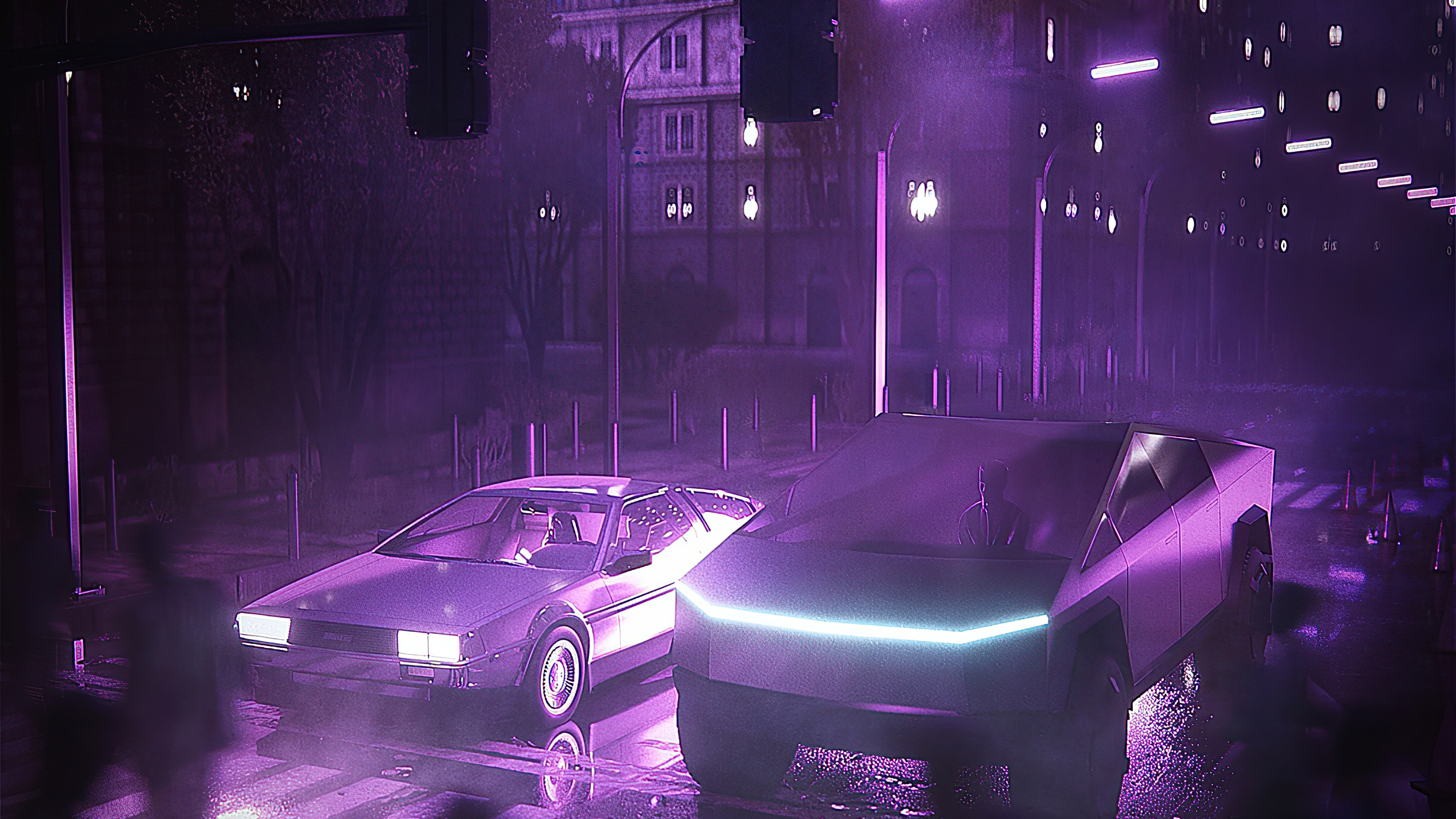 dmc delorean and tesla cybertruck neon life 1596932314