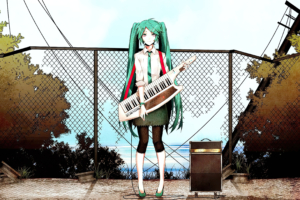 hatsune miku cyan hair standing with guitar 1596917474