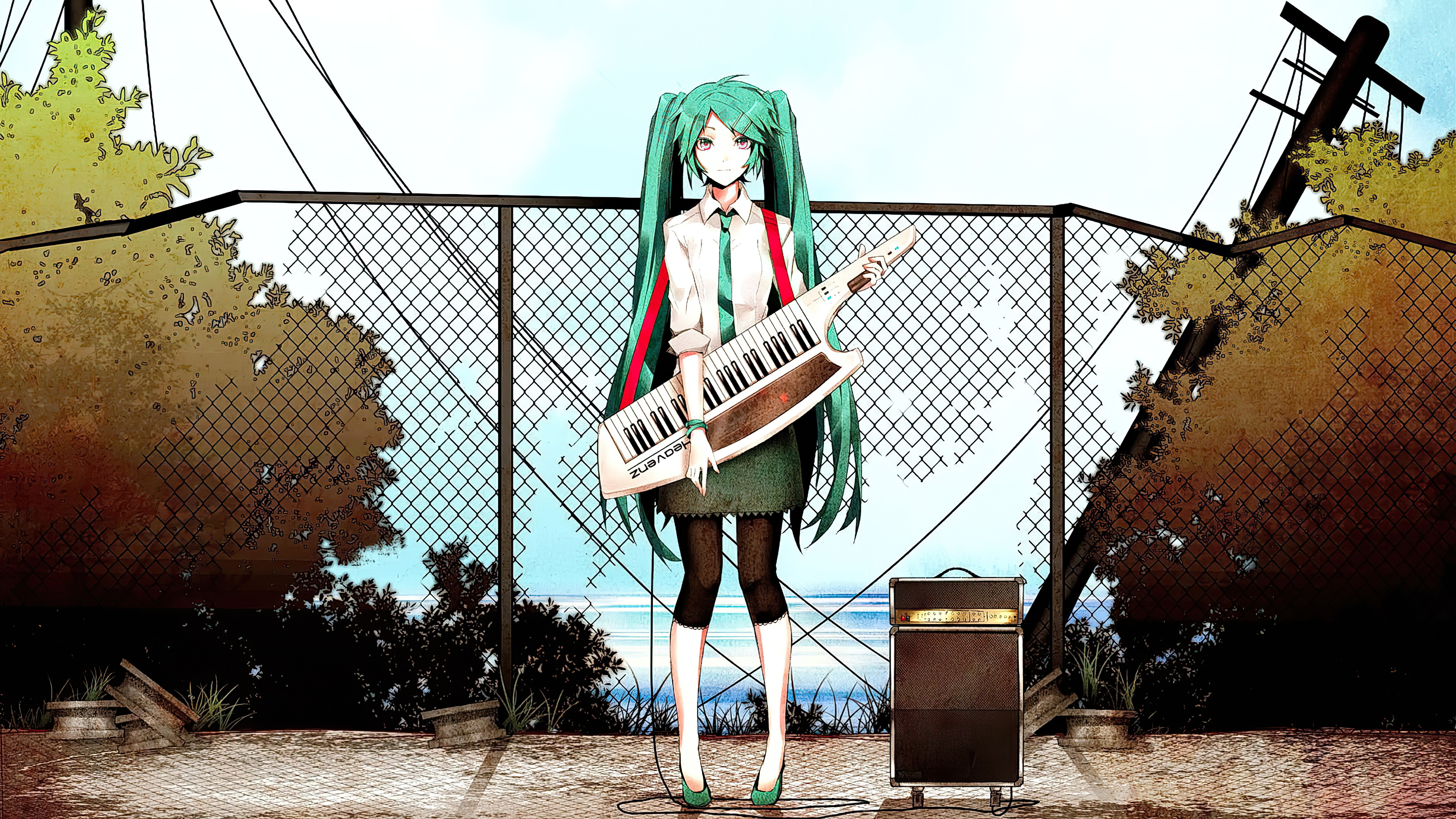 hatsune miku cyan hair standing with guitar 1596917474