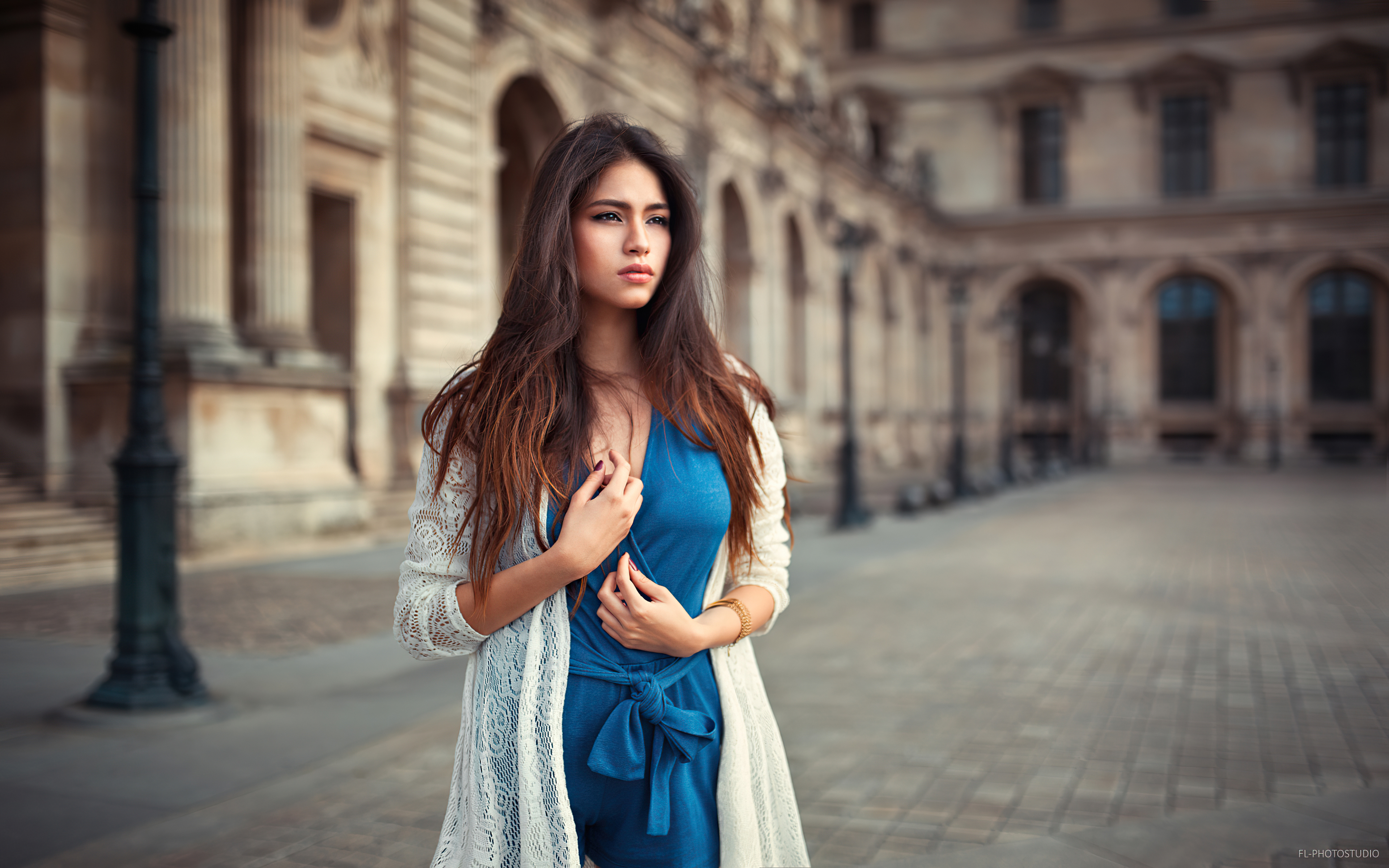 women looking away blue dress 4k 1596916333