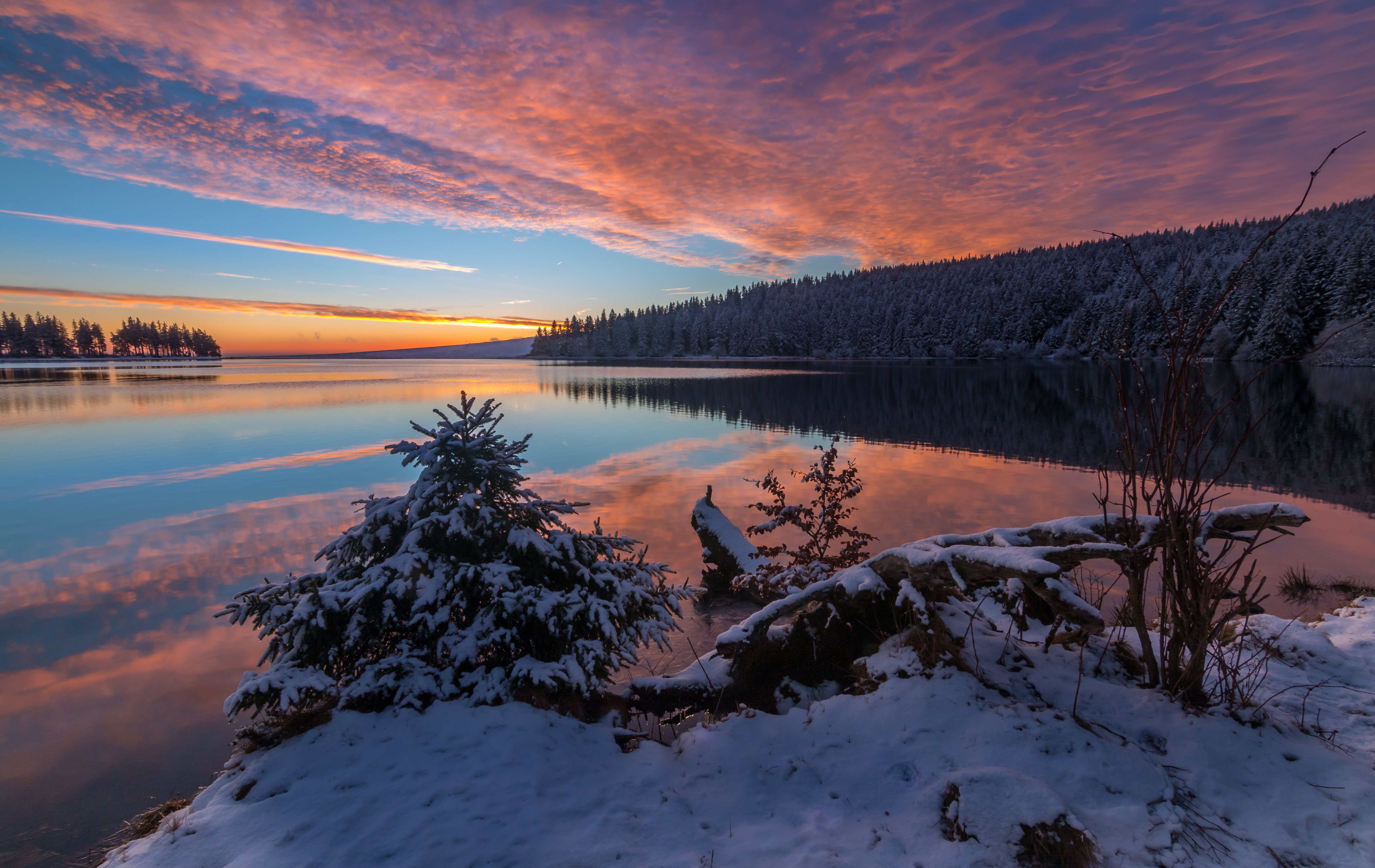 lake snow evening sunset 4k 1602606182