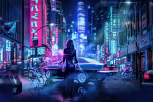 cyber japan neon lights girl with gun 4k 1608658644