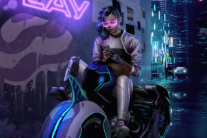 cyberpunk bike girl texting phone 4k 1608815943