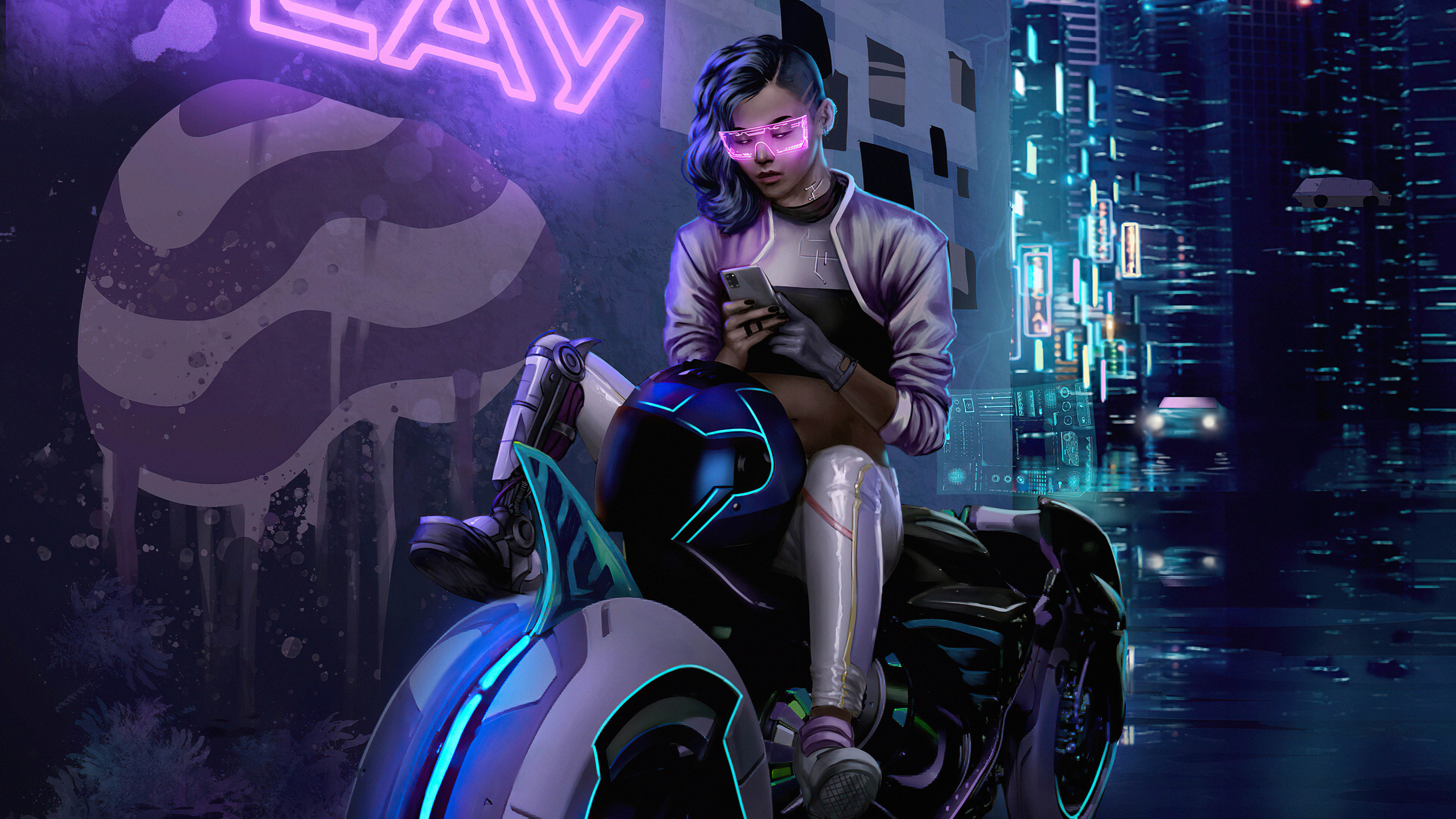 cyberpunk bike girl texting phone 4k 1608815943