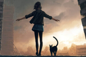 girl walking with cat on roof wall 4k 1608581778