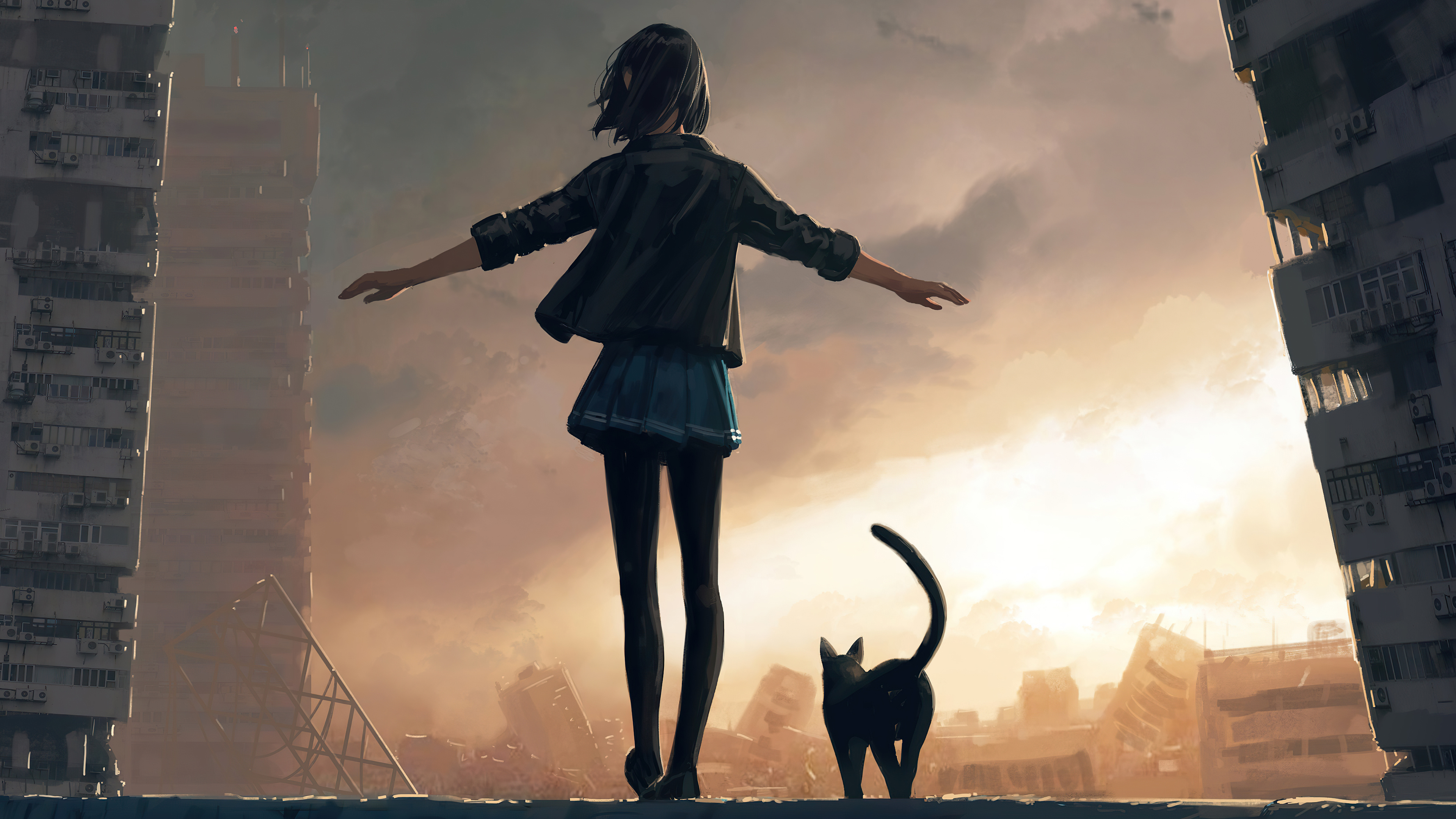 Девушки разрушают город. Девушка с кошкой на фоне города арт.