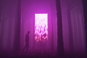 man walking away from forest portal 4k 1614443386