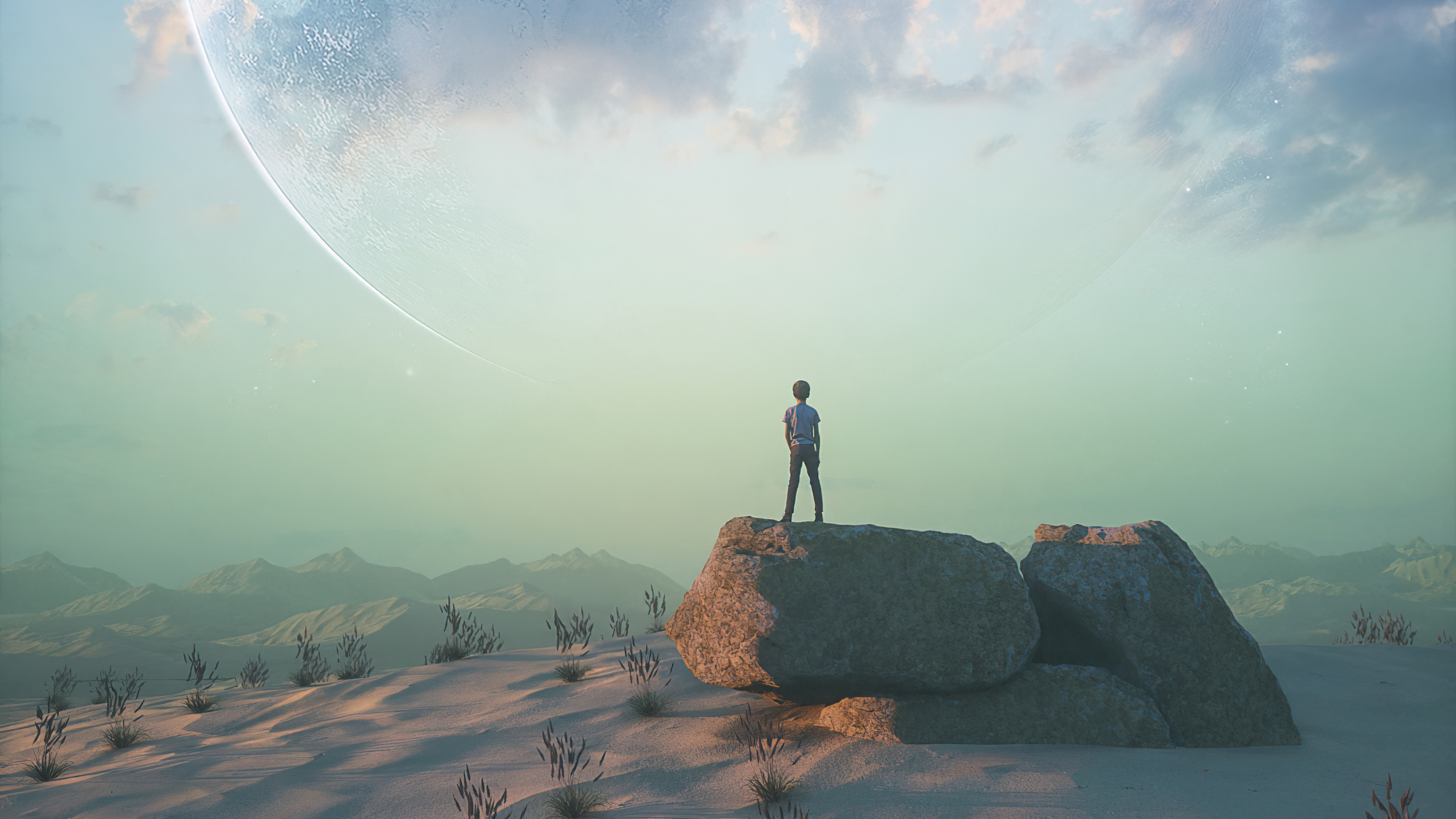 boy standing on rock looking at landscape view 4k 1614616899