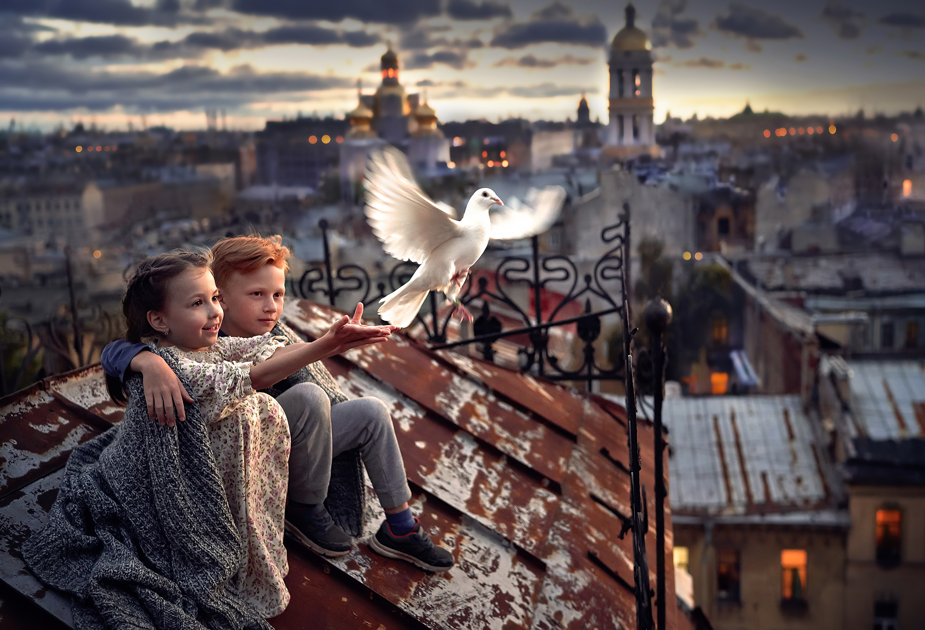 little boy and girl pigeon roof 4k 1616091943