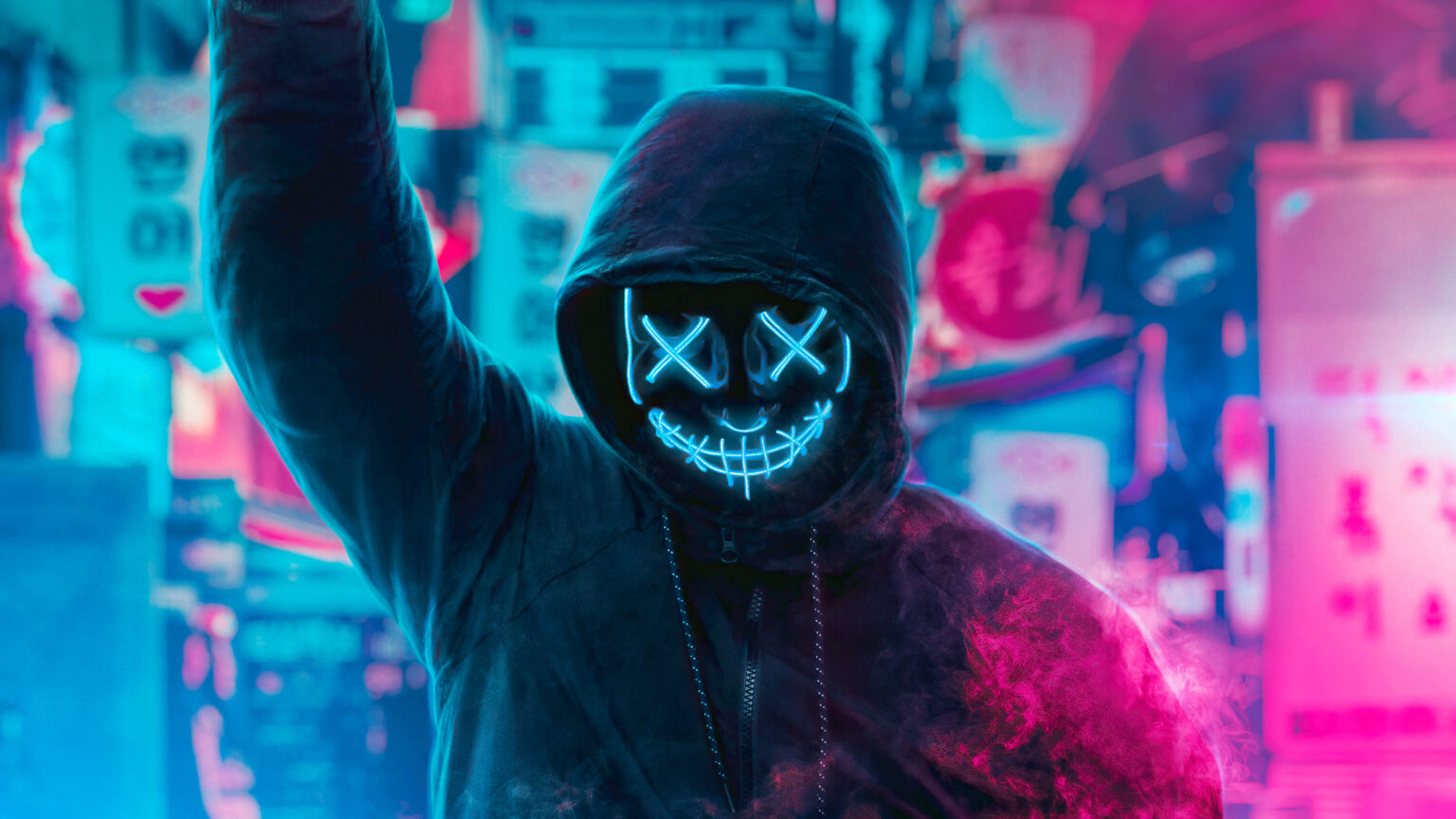 Mask Guy Neon Man With Smoke Bomb 4k