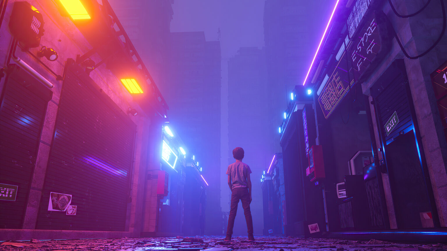 Neon Market Closed Little Boy Standing 4k