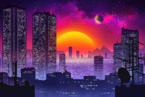 city retrowave sunset 4k 1618133345