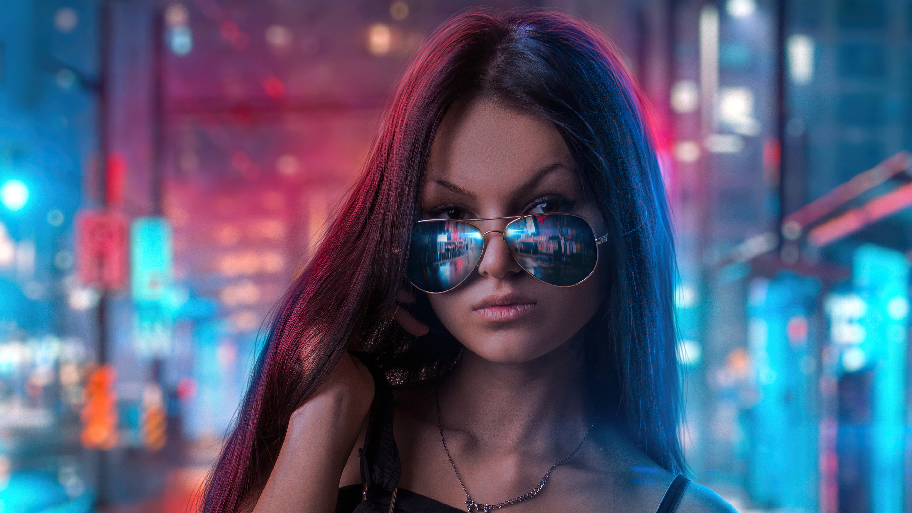 cool sunglasses girl in neon lights of city 4k 1629240296