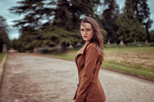 girl brown coat looking back 4k 1629237274