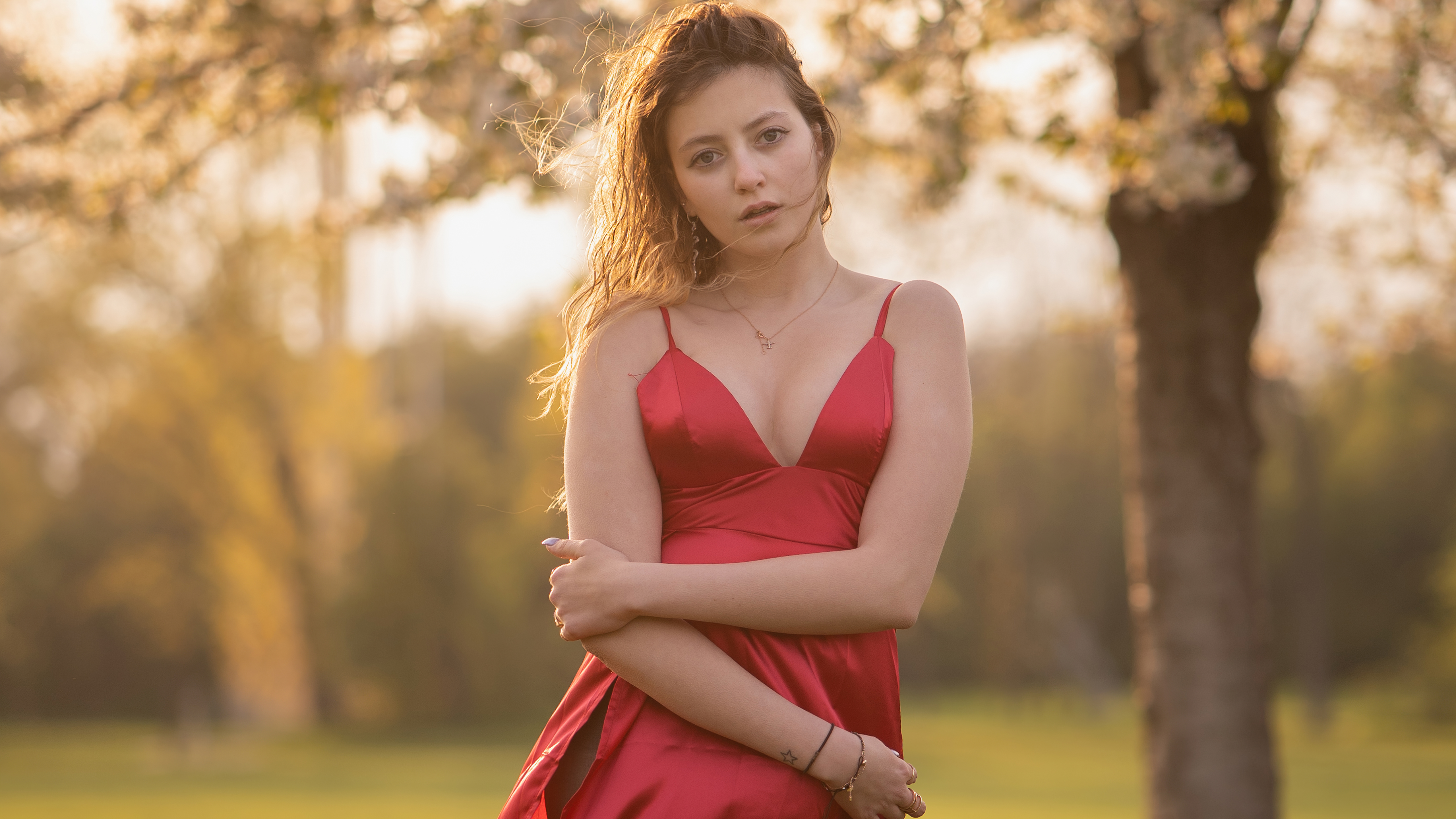 girl in red satin dress 4k 1629251495