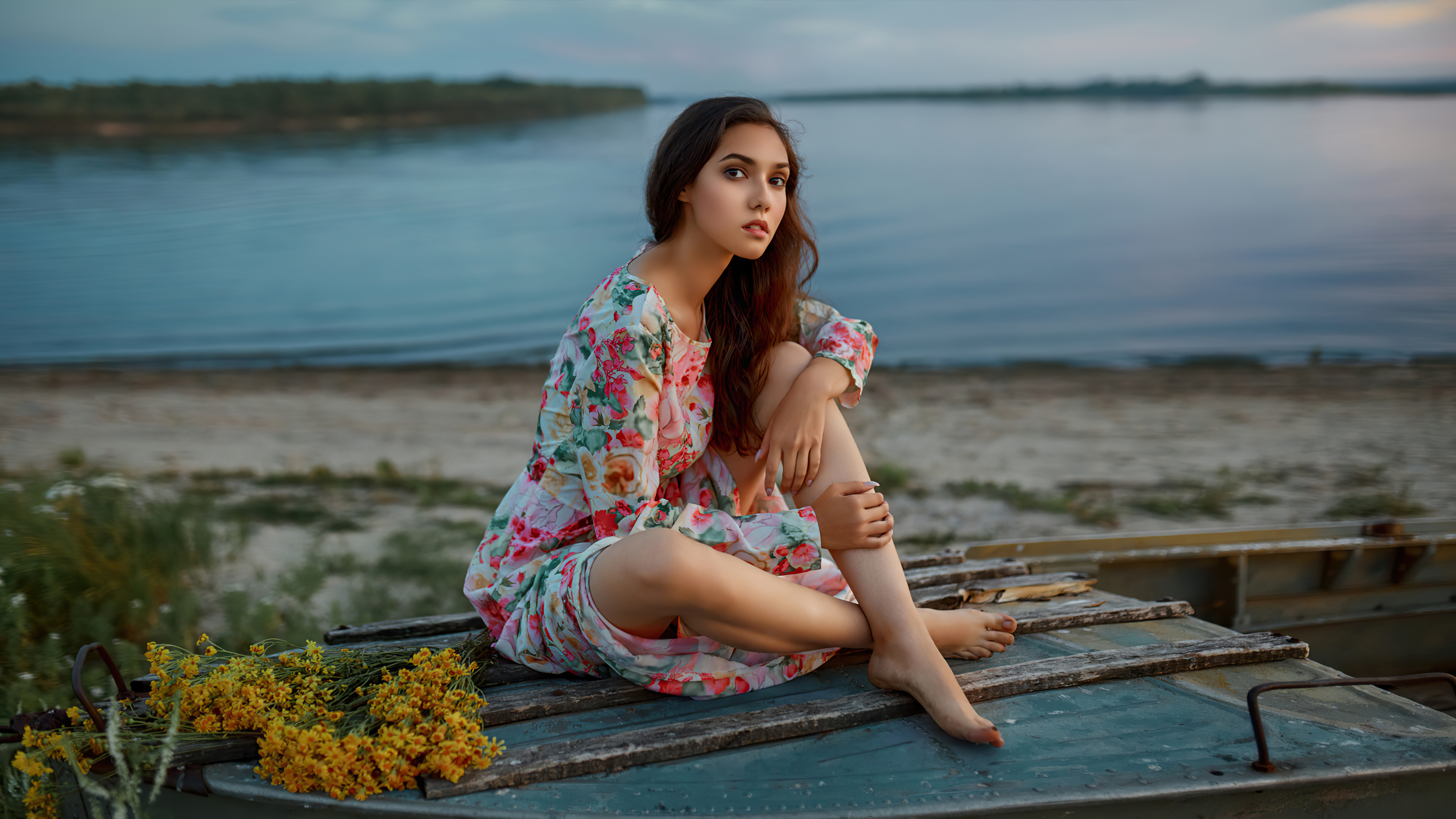 girl lake side sitting on fisher boat 4k 1629242736