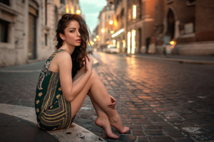 girl sitting street green dress 4k 1629237321