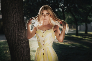 girl yellow dress blonde hairs glance 4k 1629253986