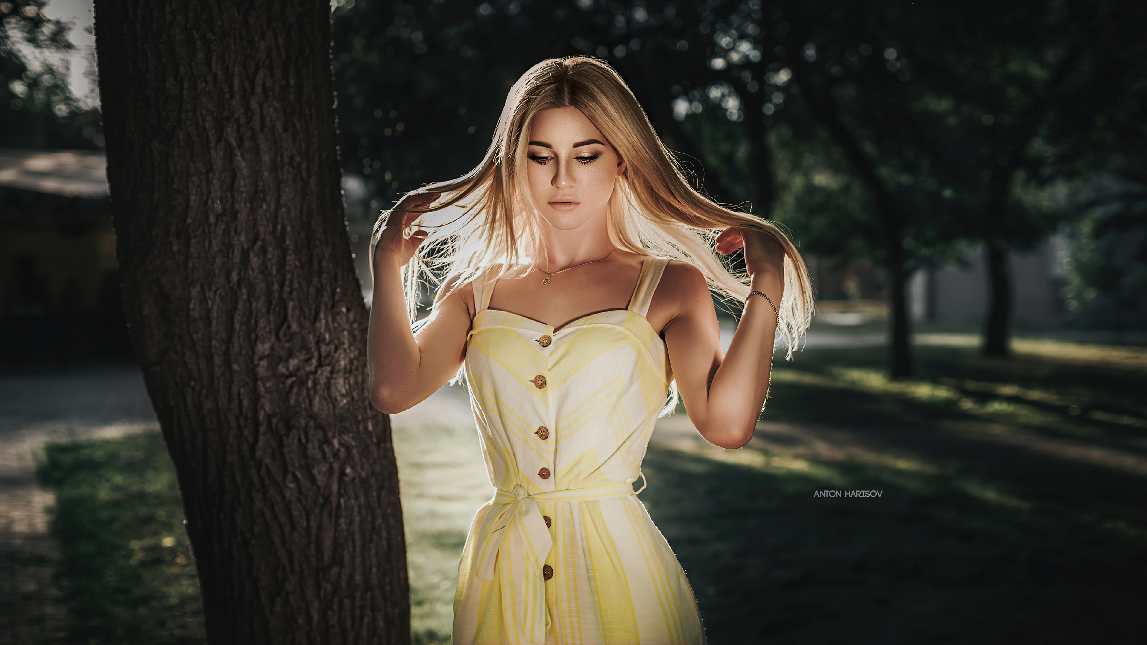 girl yellow dress blonde hairs glance 4k 1629253986