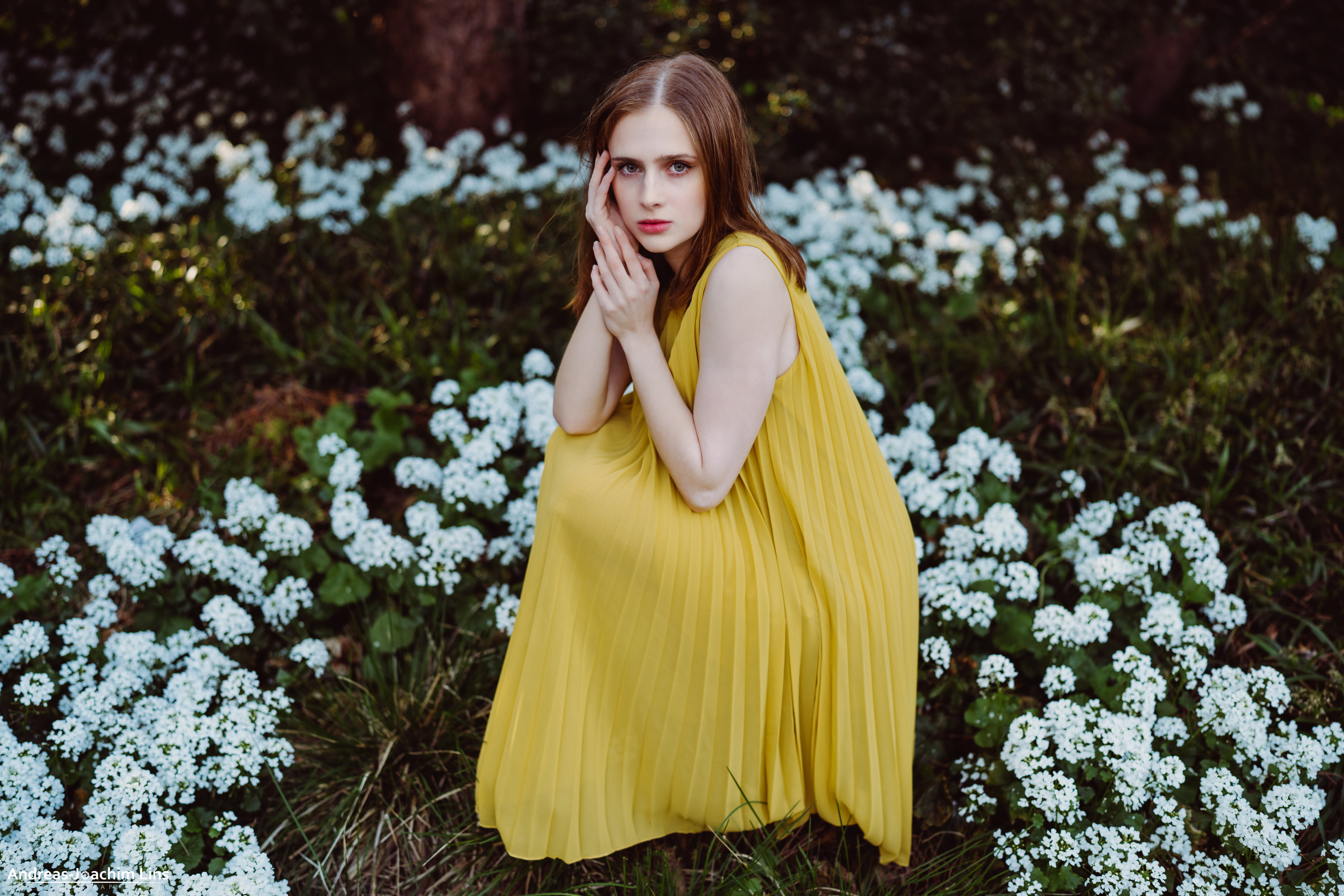 girl yellow dress sitting flowers 4k 1629252184