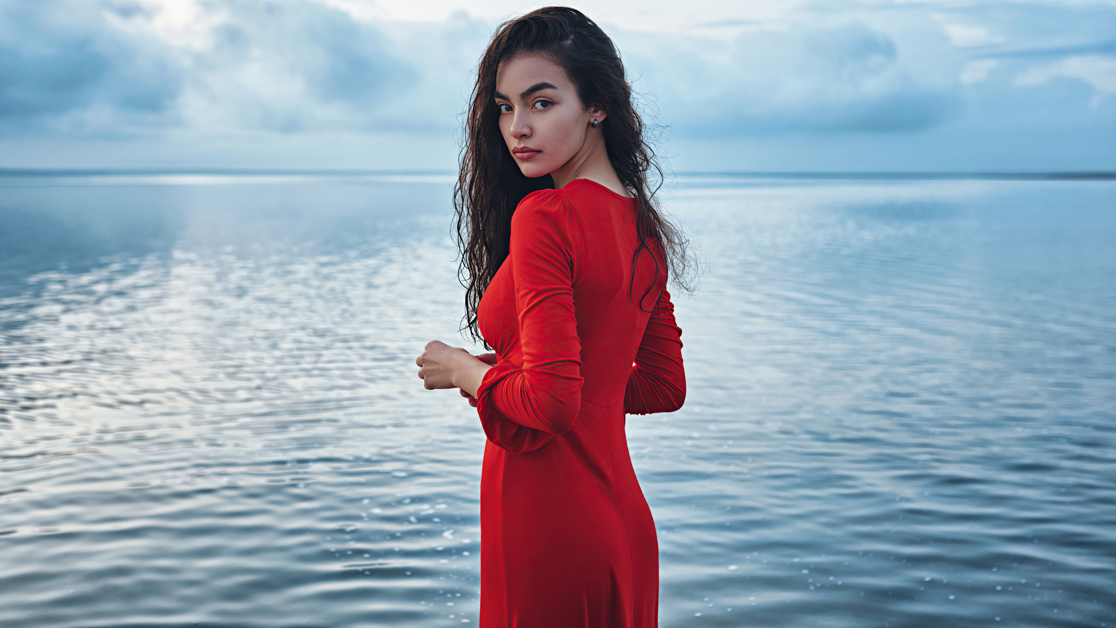 red dress girl long hair looking back 4k 1629250538