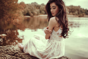 white dress girl lake side 4k 1629252184