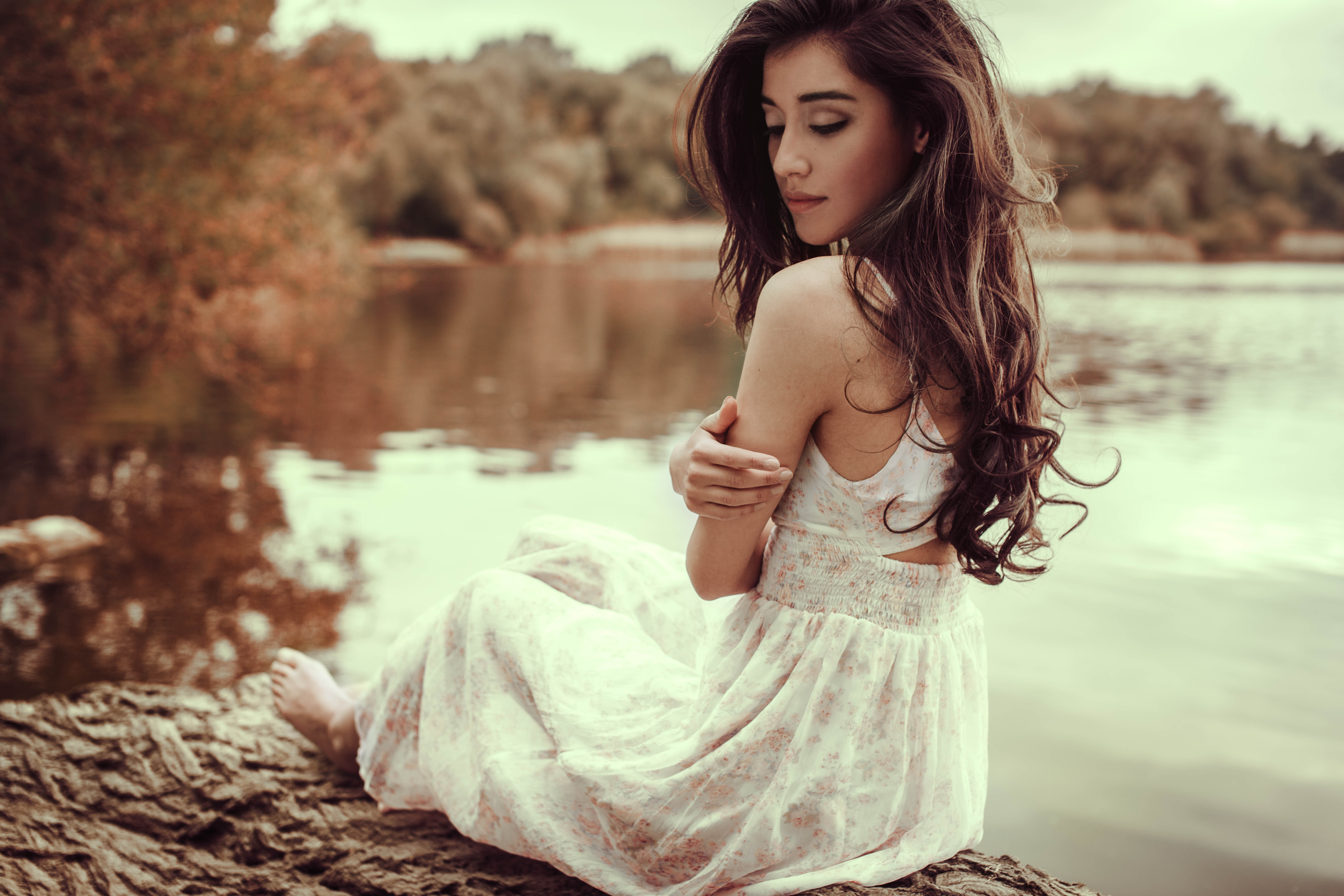 white dress girl lake side 4k 1629252184