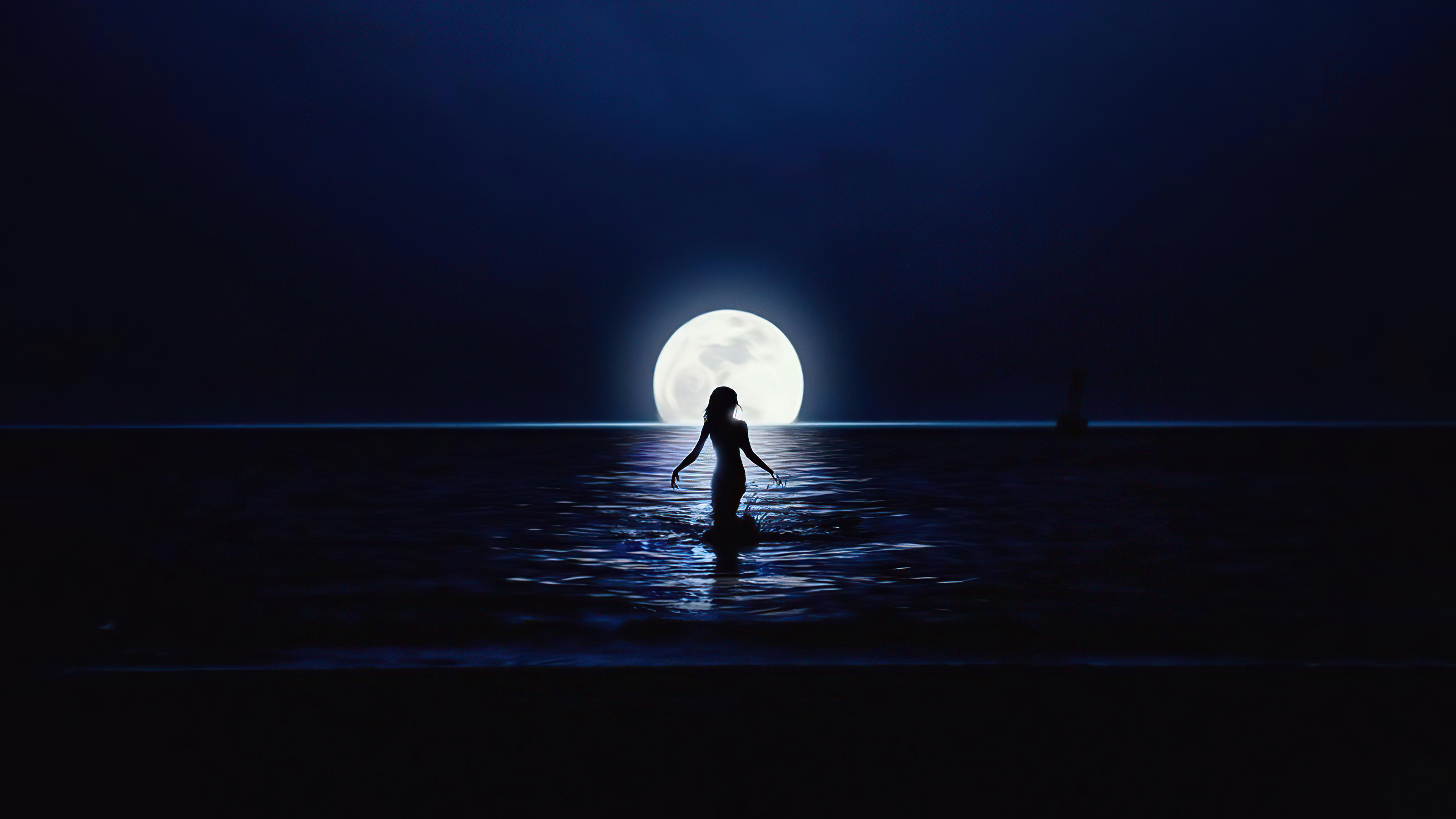 girl walking towards moon in ocean 4k 1634170484