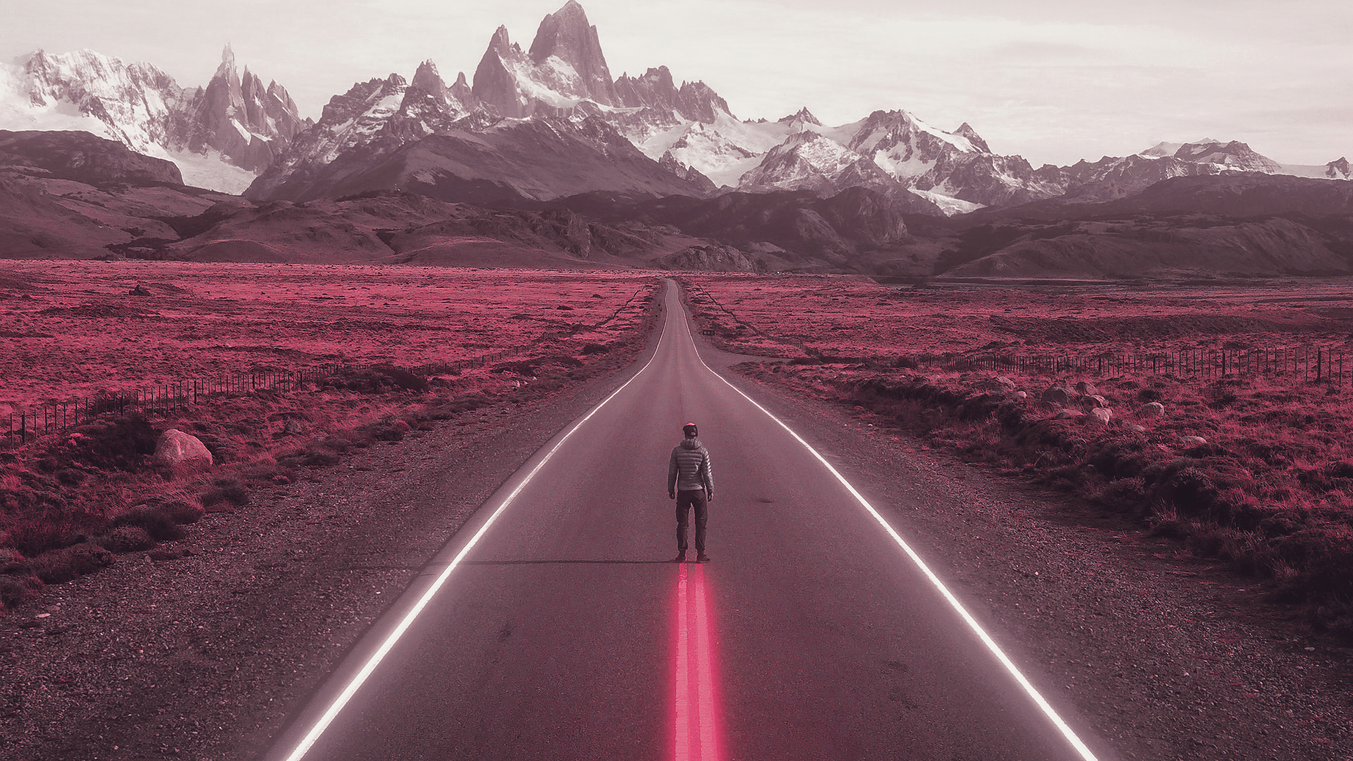 road neon lights man mountain pink 4k 1641808998