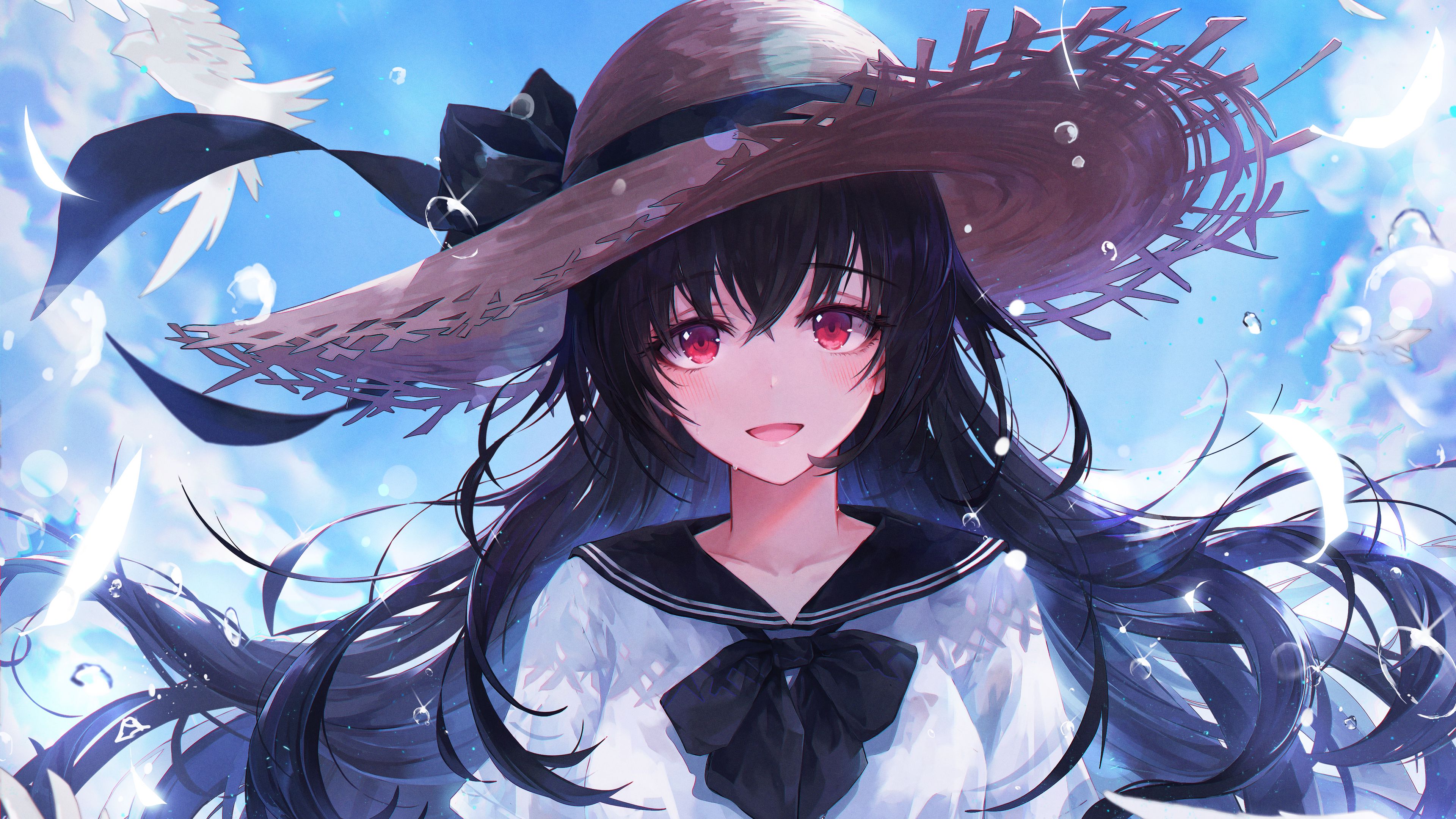 girl hat birds drops anime art 4k 1660349083