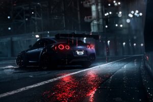 nissan gt r nissan sportscar supercar night asphalt wet rain backlight 4k 1691771365