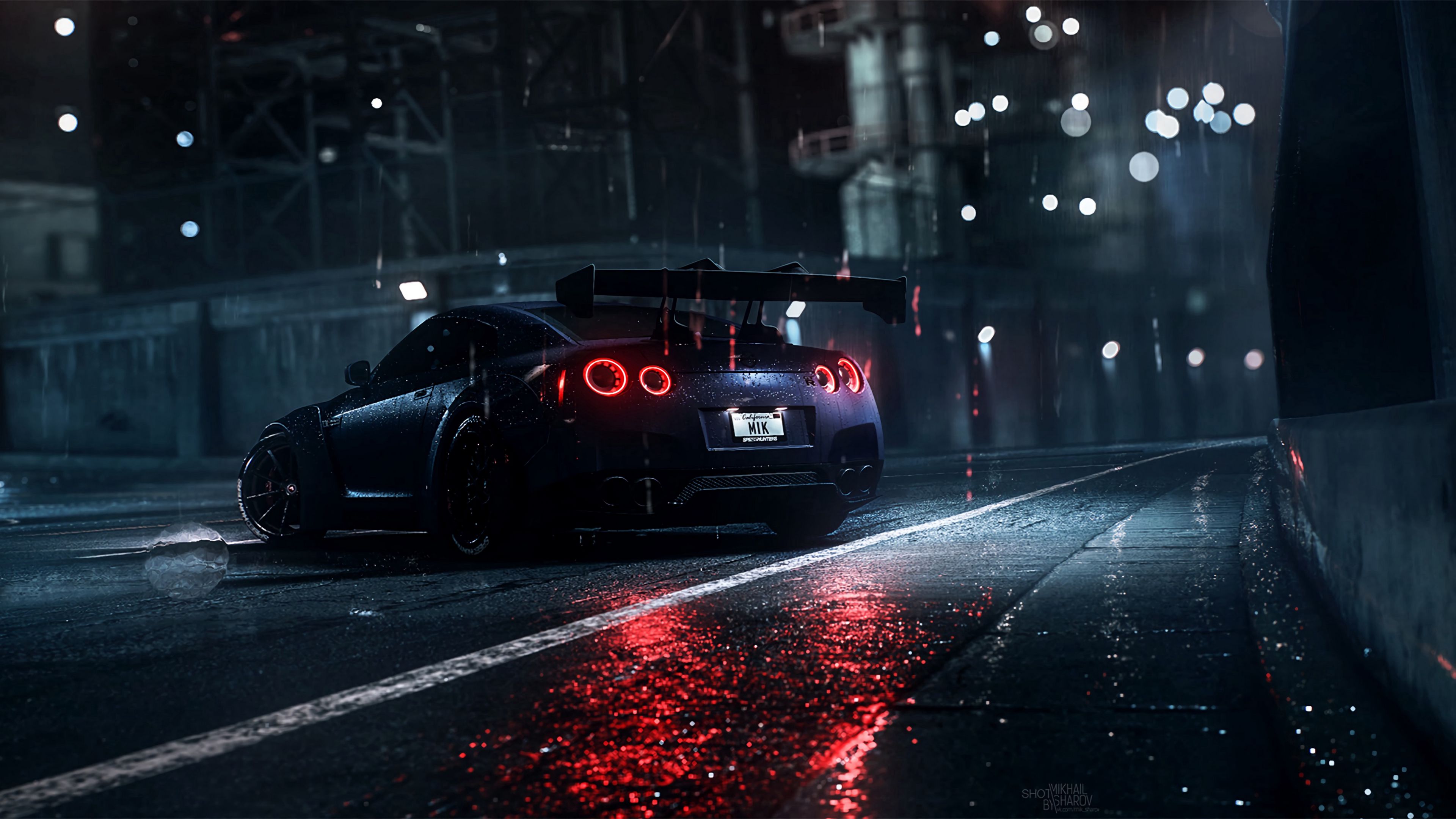 nissan gt r nissan sportscar supercar night asphalt wet rain backlight 4k 1691771365