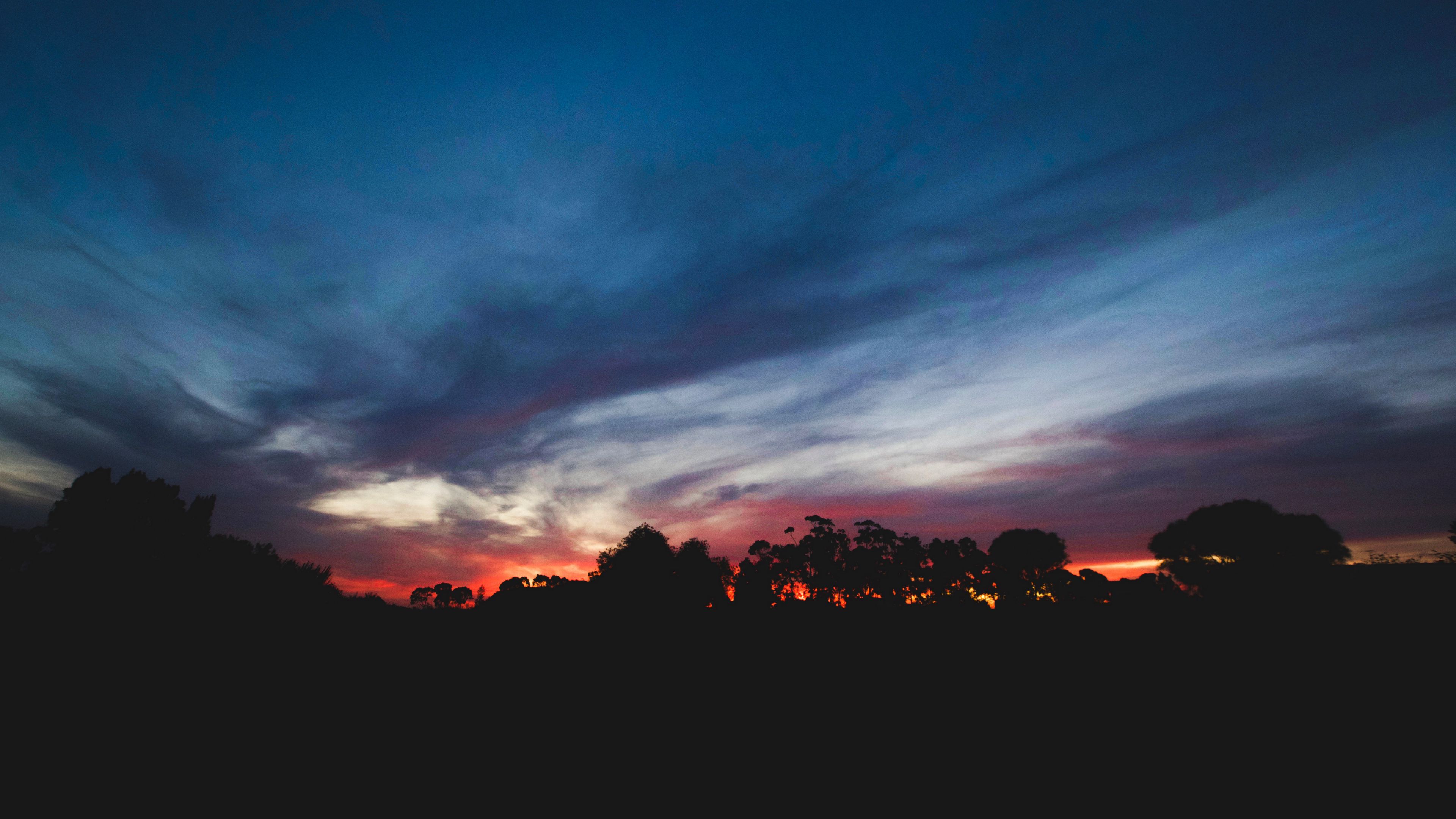 sunset trees sky clouds horizon 4k 1691849539