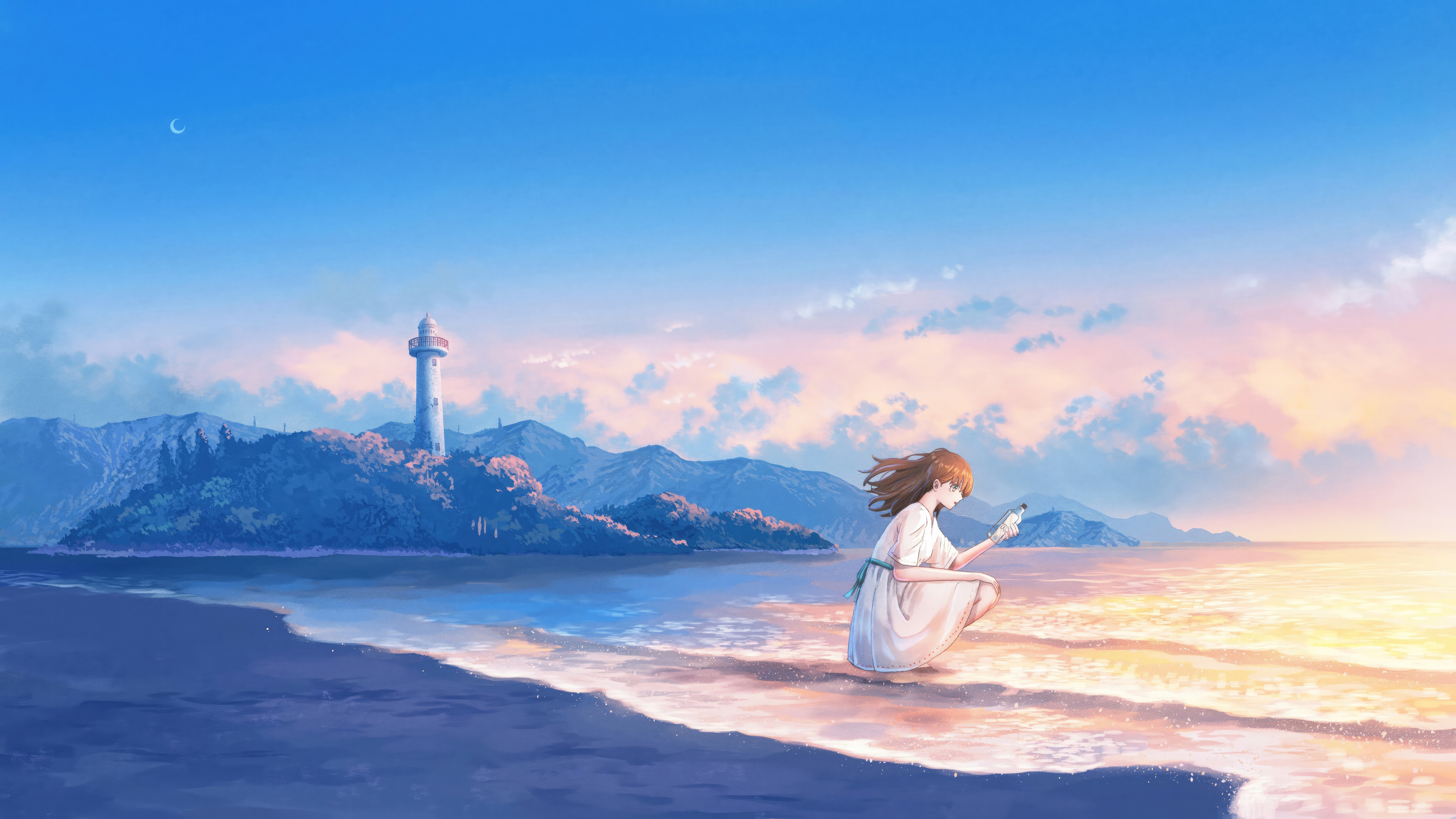 anime girl evening beach crescent moon 4k 1695927344