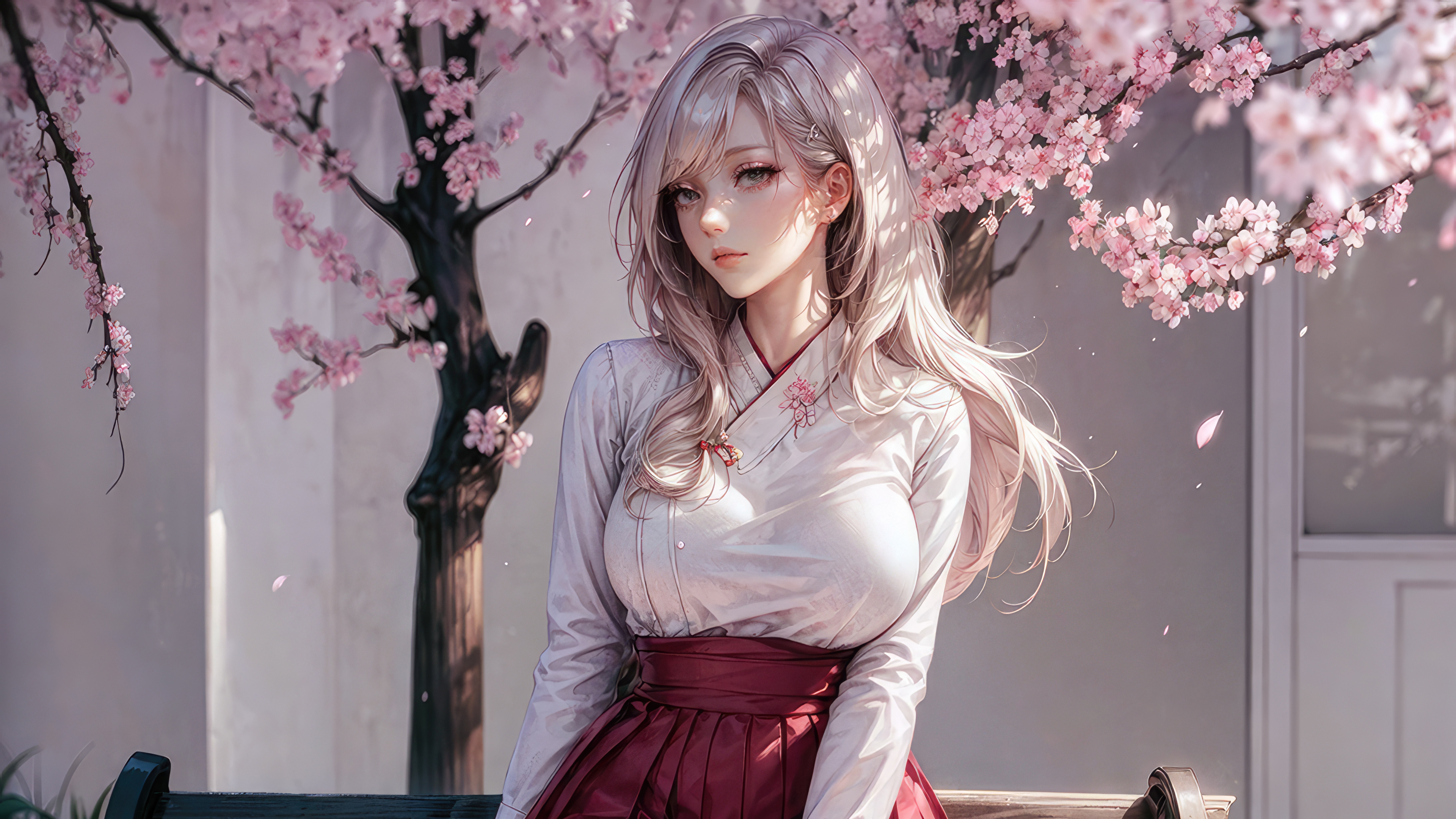 anime girl white hairs sitting on bench 4k 1695927344