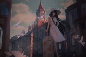 anime girl with a stylish suitcase cap strolls down the bustling street 4k 1695917615