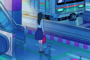 train station anime girl with cat 4k 1696011721