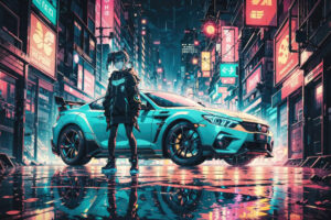 anime girl and her mercedes in the neon cityscape 4k 1697929738