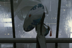 anime girl dark night umbrella raining 1696231506