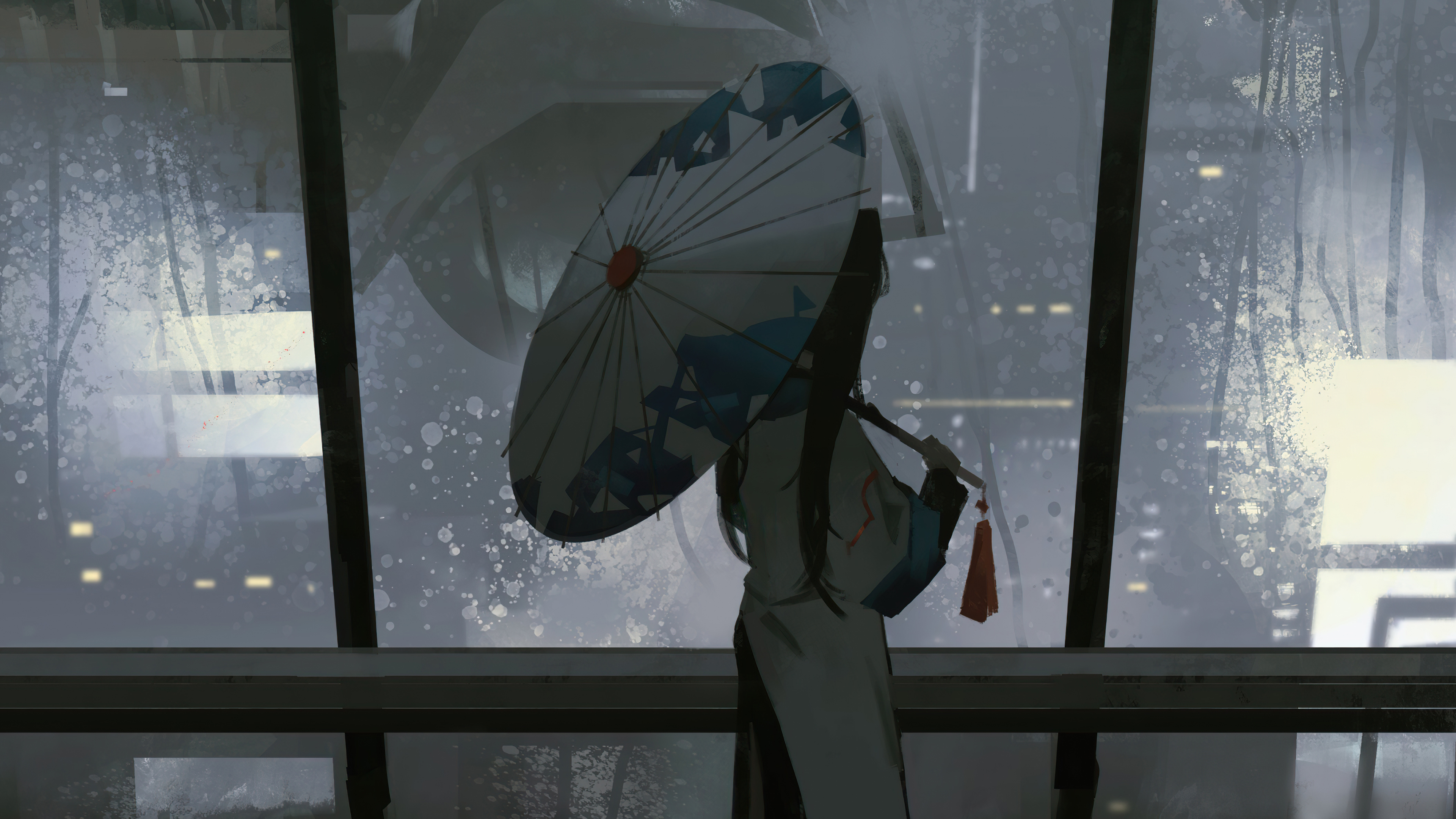 anime girl dark night umbrella raining 1696231506