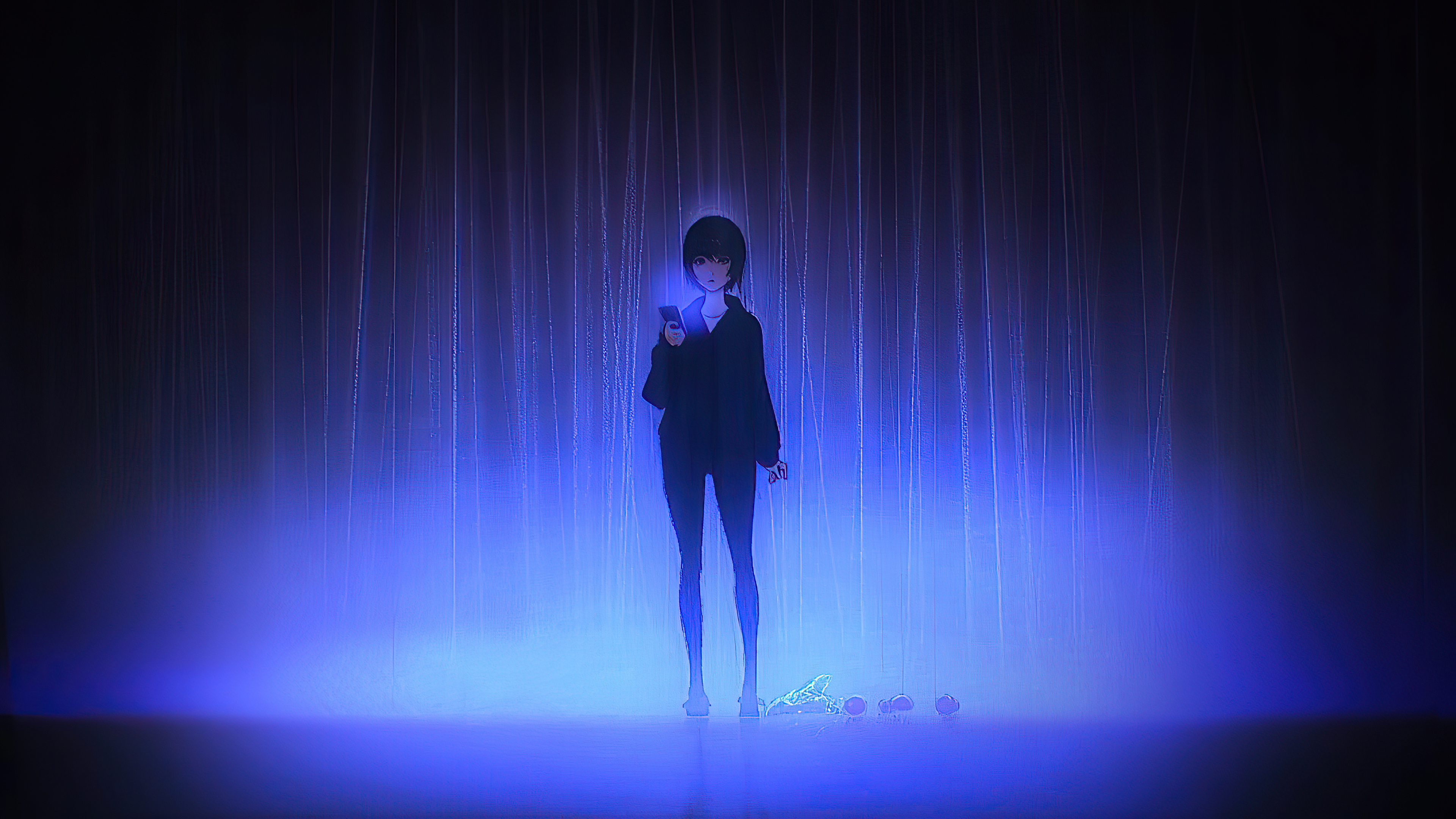 anime girl phone blue lights 4k 1696367593