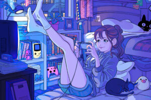 anime girl playing games in her room 4k 1696189624