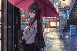 anime girl rain umbrella looking at viewer 4k 1696187630