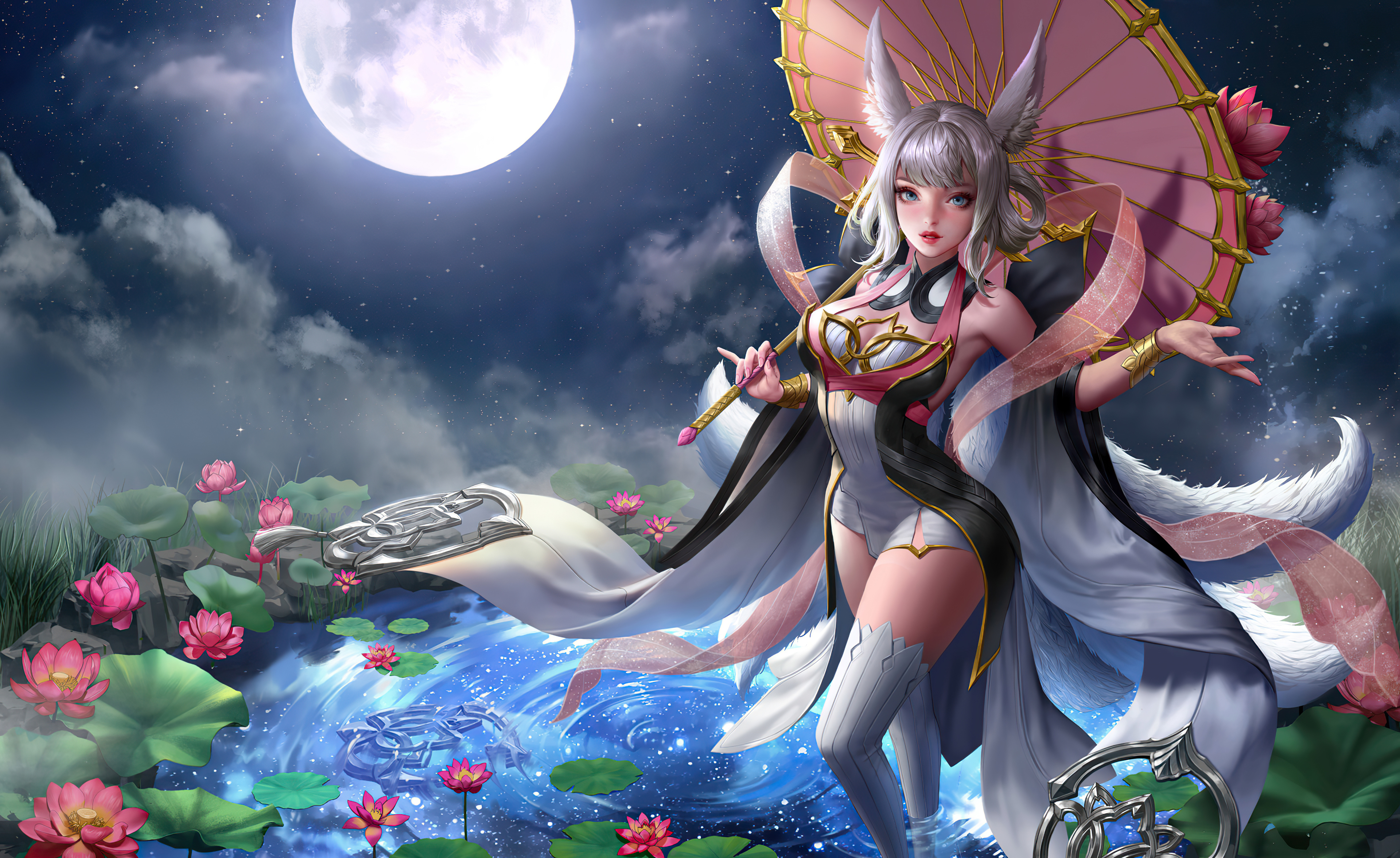 anime girl water lilies moon 1696367593