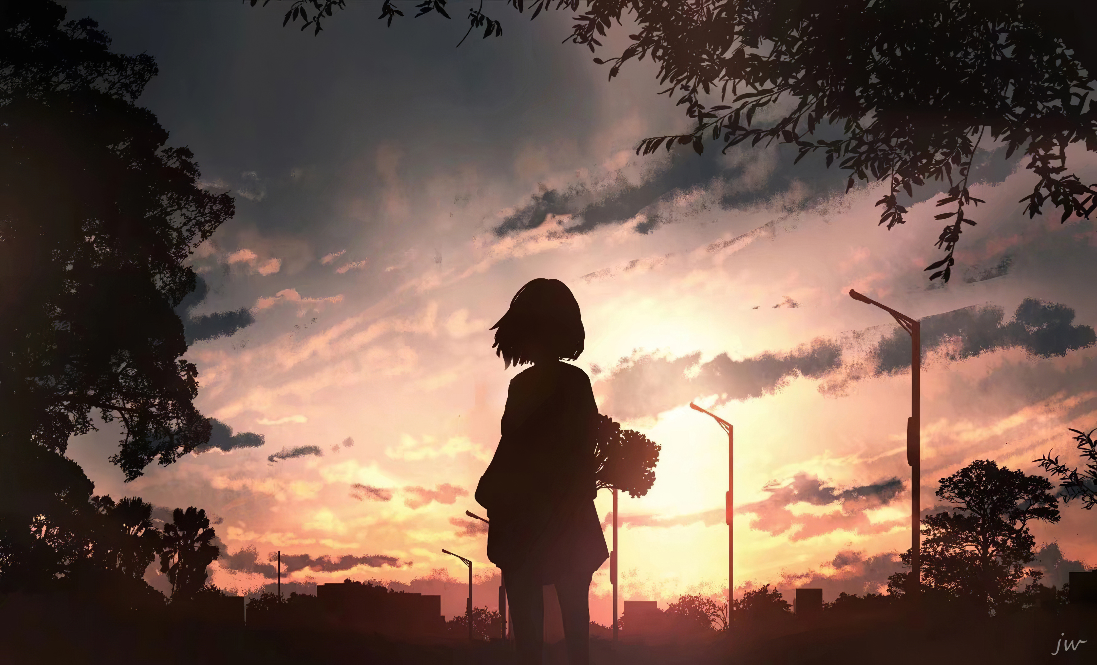 anime girl with flowers looking towards sunset 4k 1696930497